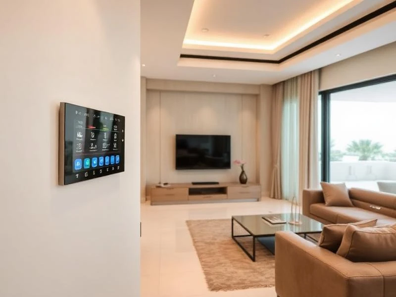 Wall-mounted home automation panel in a living room