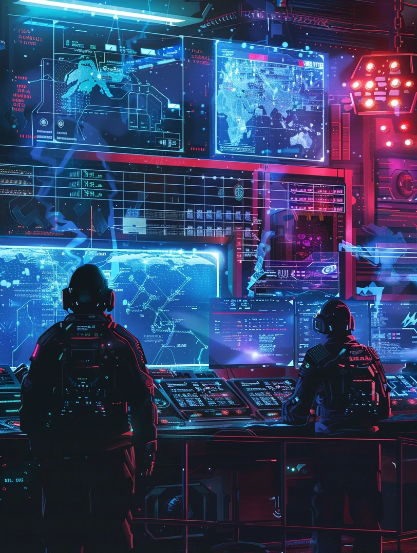 Illustration of a security control room with monitoring screens