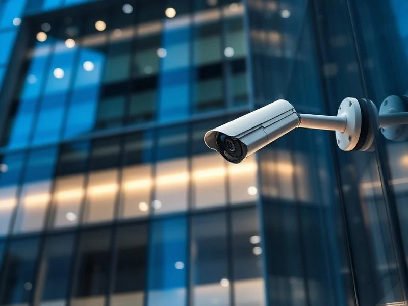 CCTV camera mounted outside a glass office building